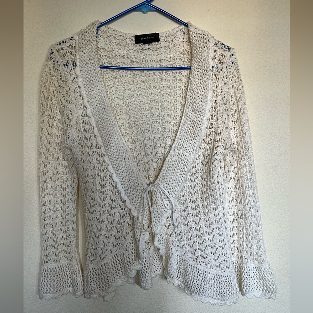 pointelle crochet ribbon tie cardigan